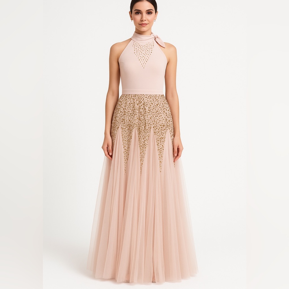 Blush Rhinestone 2 Piece Gown Tulle Maxi Skirt Formal Prom Evening Dress Size S